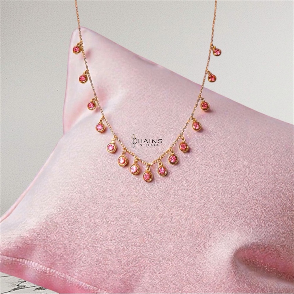 Elegant pink rhinestones gold plated over stainless steel dangling necklace 17"